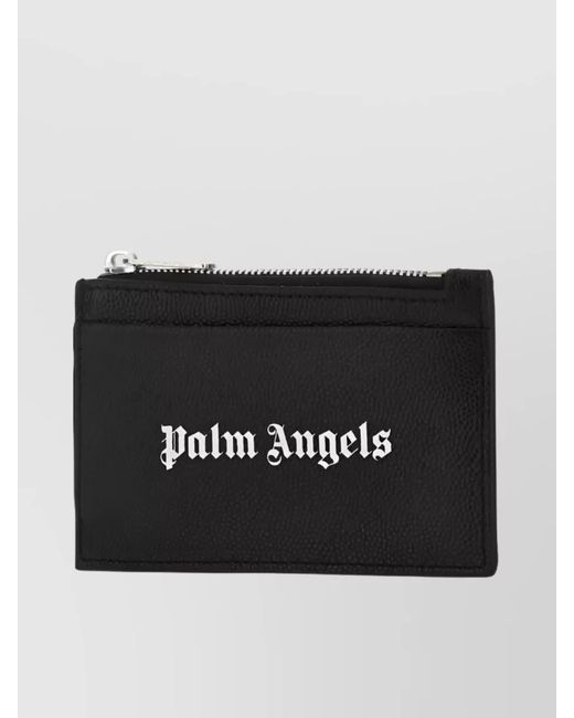 Palm Angels Black Leather Logo Print Zip Card Holder for men