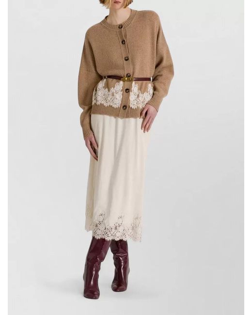 Alberta Ferretti Brown Crew Neck Knit Top Lace Ribbed Edges