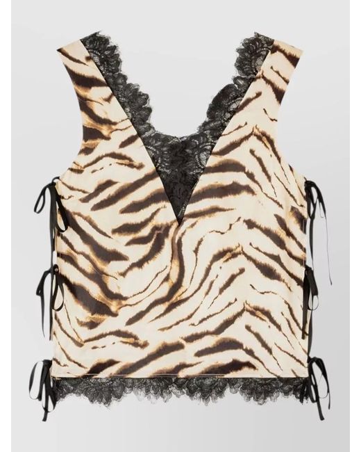 Ganni Metallic Tiger Print V Neck Lace Satin Top