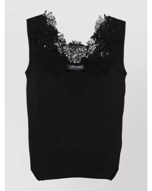 Ermanno Scervino Black Knit Top Lace Detail Ribbed Hem Neckline