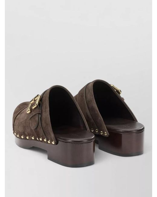 Chloé Brown Jeannette Suede Mules Buckle Studs Wooden Sole