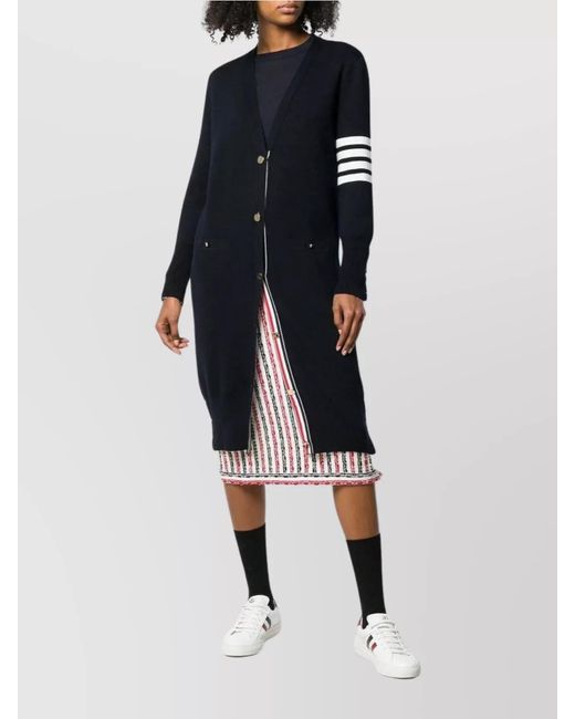 Thom Browne Blue Wool Fine-Knit Long V-Neck Cardigan