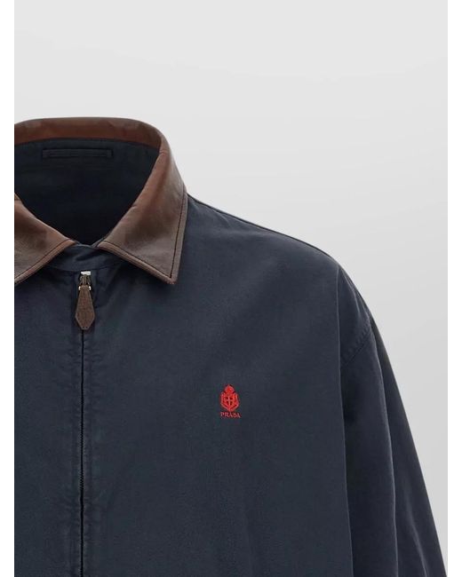 Prada Blue Canvas Jacket Leather Collar Elastic Hem for men