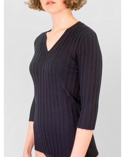 LA ROSE Black V Neck Cashmere Silk Knitwear Top