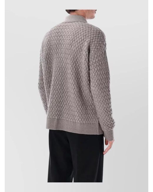 Bottega Veneta Gray Intreccio Knit Collared Long Sleeve Top for men