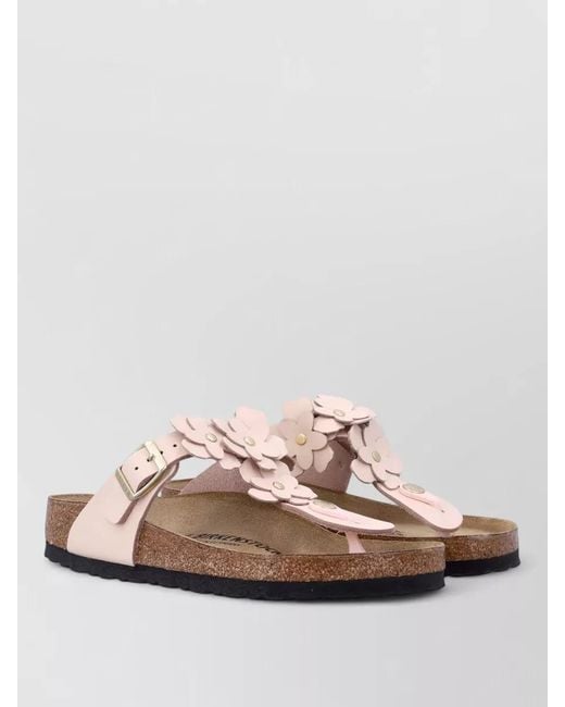 Birkenstock Pink Leather Thong Sandals Floral Appliqués Lightweight Sole