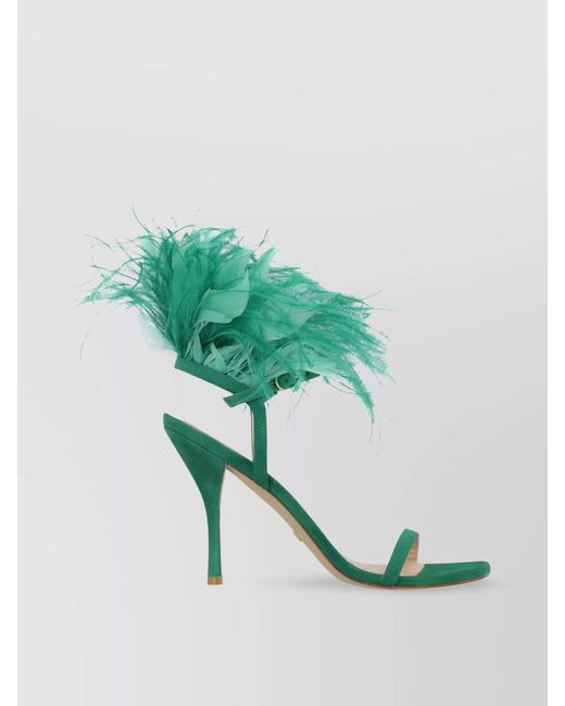 Stuart Weitzman Green Feather-Embellished Leather Sandals