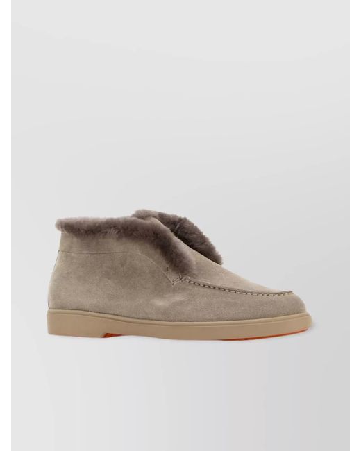 Santoni Brown Suede Ankle Boots With Fur Trim