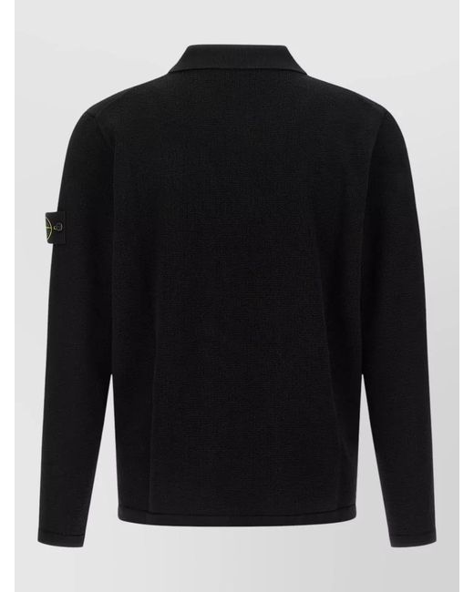 Stone Island Black Ribbed Long Sleeve Knit Polo Shirt for men