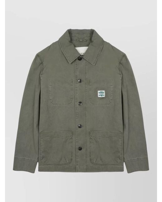 Closed Green Long Coat Patch Pockets Detail for men