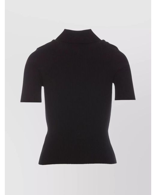 Courreges Black Ribbed Knit Short Sleeve Polo Top