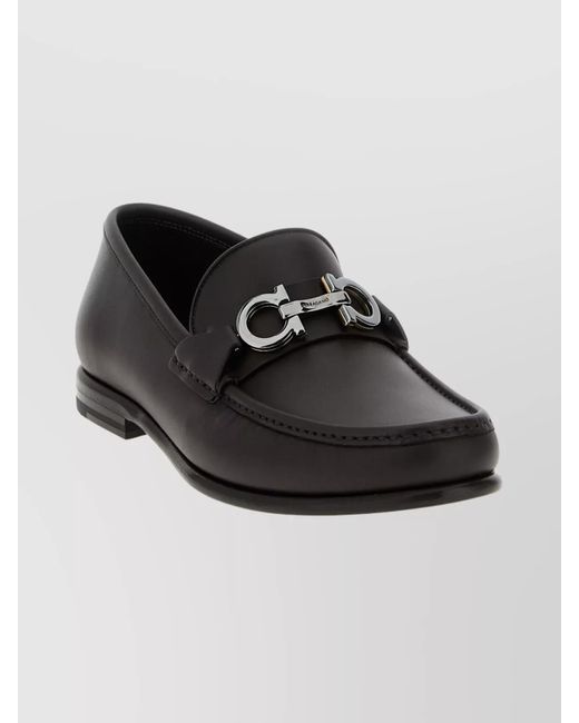 Ferragamo Black Round Toe Loafers Featuring Metallic Buckle for men