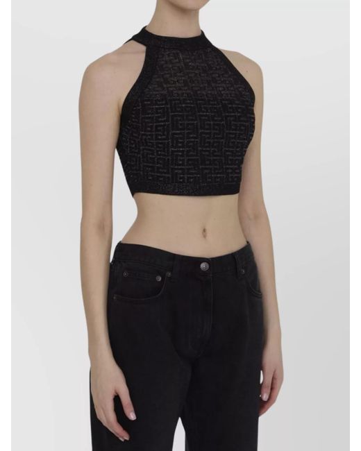 Balmain Black Labyrinth Ribbed Crop Top