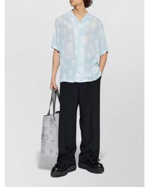 McQueen Blue Skull Camp Collar Lightweight Short Sleeve Shirt for men