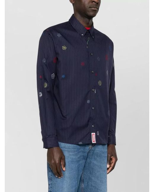 KENZO Blue Cotton Graphic Embroidered Shirt for men