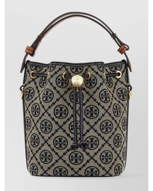 Tory Burch Black Mini Bucket Bag With Embroidered Fabric T Monogram