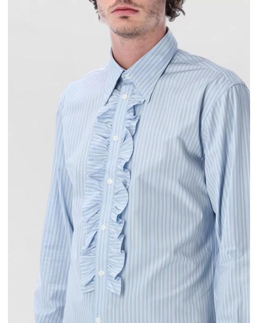 AMI Blue Striped Shirt Pointed Collar Ruffle Front for men