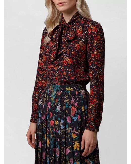 Gucci Red Silk Floral-Print Tie-Neck Long-Sleeve Shirt