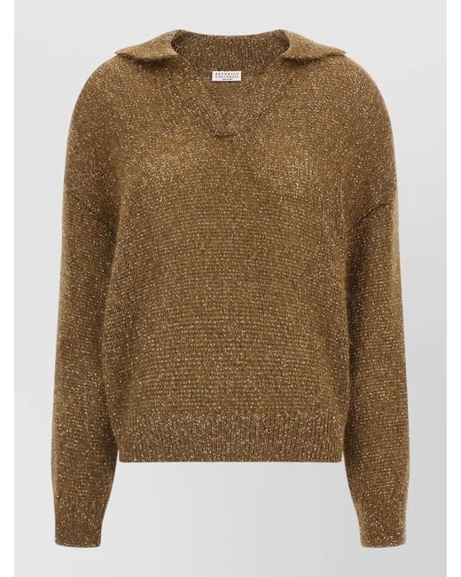 Brunello Cucinelli Brown Dazzling Sequin Knit Polo Shirt