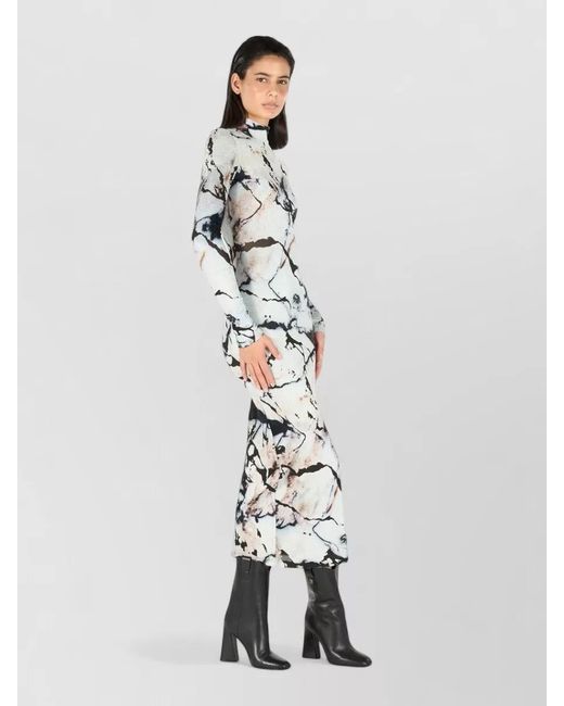 Roberto Cavalli White Dress Abstract Pattern Fitted Silhouette Midi