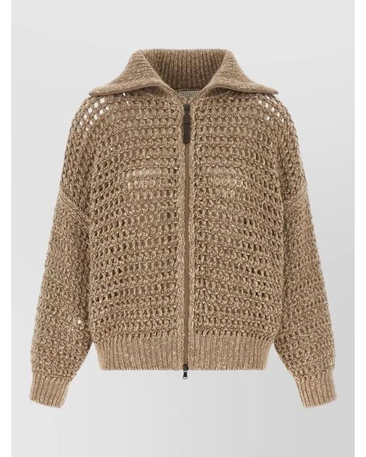 Brunello Cucinelli Natural Dazzling Mesh Knit Sequin Detail Cardigan