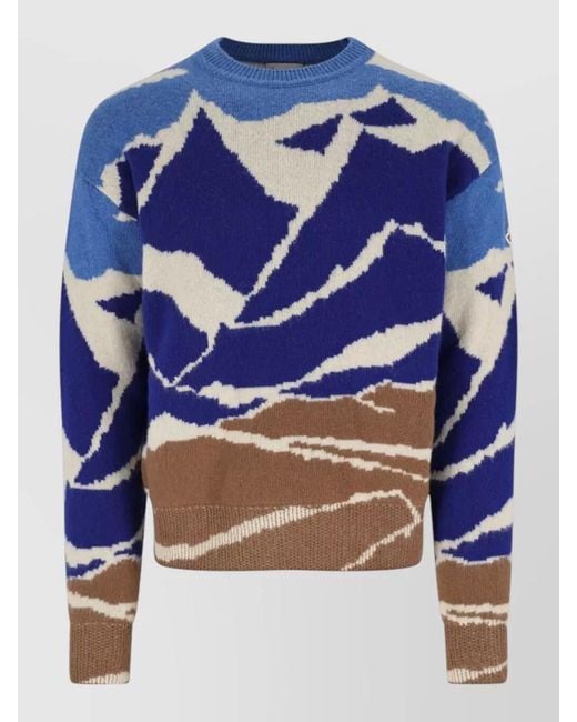 Moncler Blue Mountain Pattern Crewneck Sweater Ribbed Trims for men