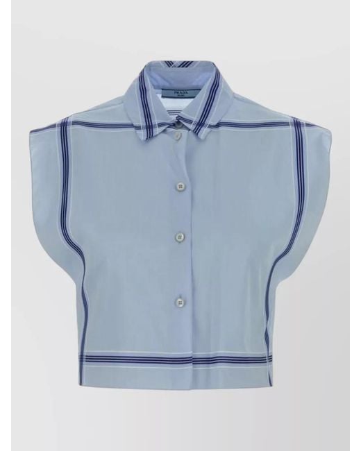 Prada Blue Cropped Collared Top Striped Pattern