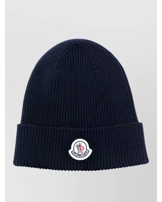 Moncler Blue Wool Beanie Hat Logo Detail Ribbed for men