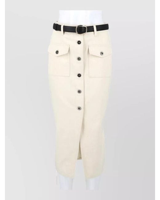 Self-Portrait Natural High Waist Midi Denim Skirt Belts Pockets