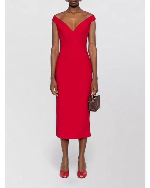 Solace London Red Midi Dress Off Shoulder V Neckline