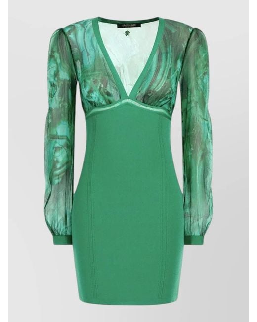 Roberto Cavalli Green Dress Fitted Silhouette Sheer Long Sleeves V Neckline