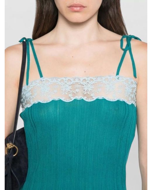 Chloé Blue Wool Knit Dress Lace Trim Straps