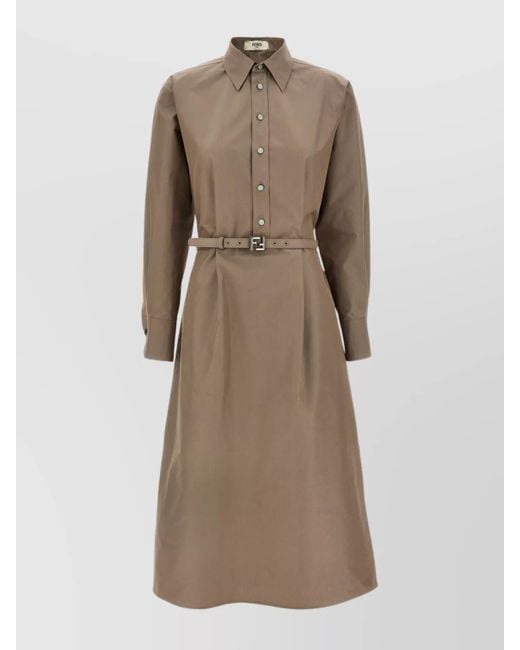 Fendi Natural Silk Blend Belted Midi Shirt Dress