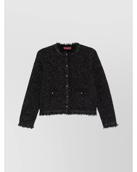 Gucci Black Shimmering Knit Cardigan With Frayed Edges