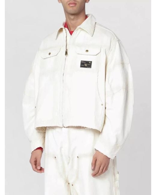 Willy Chavarria White Collared Coat Embroidered Detail Patch Pockets for men