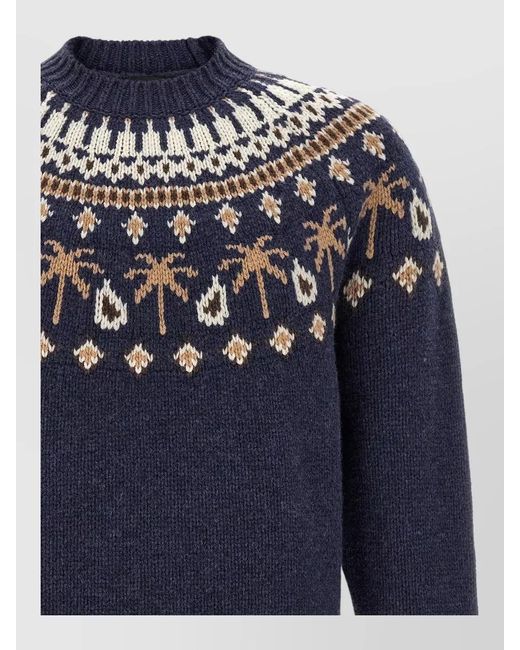 Alanui Blue Virgin Wool Jacquard Crewneck Sweater for men