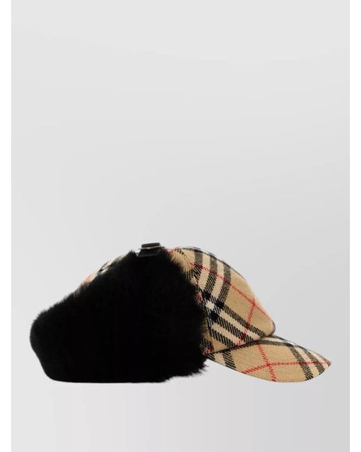 Burberry Black Check Wool Hat Ear Flaps Fur Trim for men