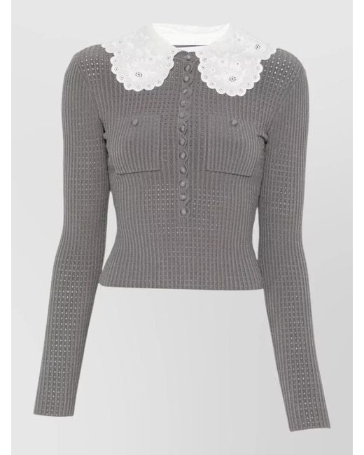 Self-Portrait Gray Sweater Collar Detail Buttons Pockets Scalloped