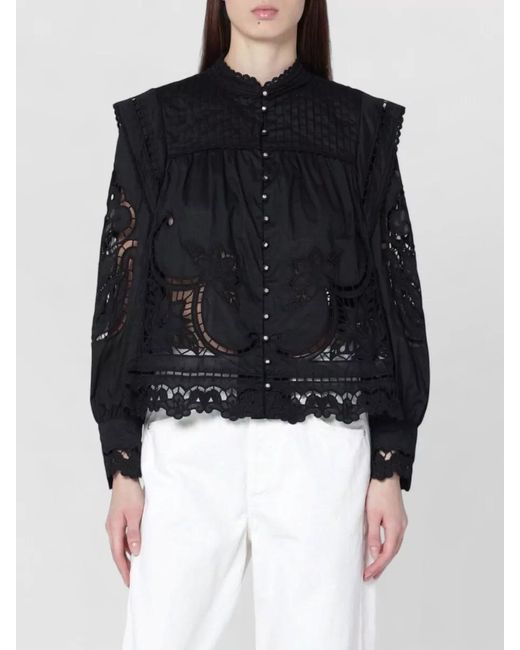 Farm Rio Black Embroidered Lace Long Sleeve Sheer Top