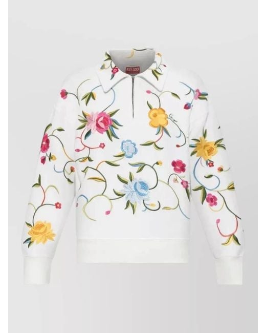 KENZO White Floral Embroidery Cotton Quarter Zip Polo Sweatshirt