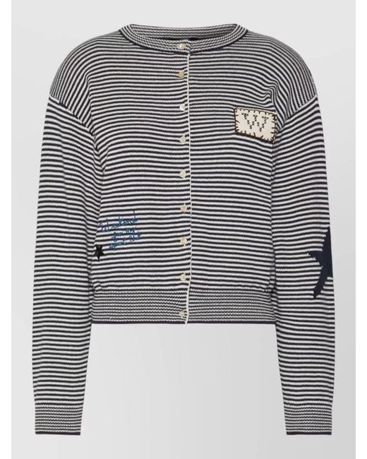 Weekend by Maxmara Gray Striped Crewneck Top Embroidered Long Sleeves