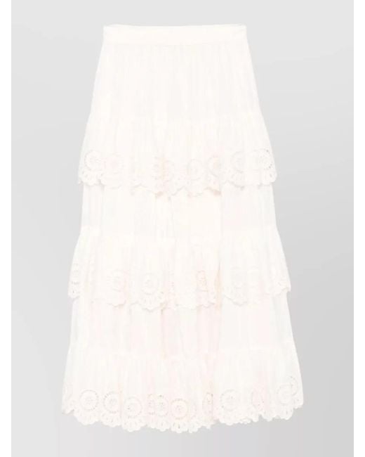 Zimmermann Natural Embroidered Tiered High Rise Midi Skirt