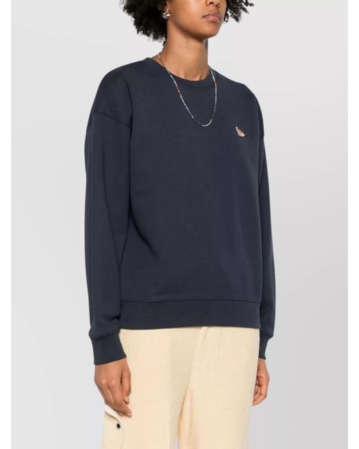 Maison Kitsuné Blue Cotton Baby Fox Embroidered Ribbed Crew Neck Sweatshirt
