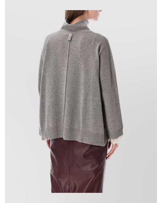 Alberta Ferretti Gray Cashmere Top High Neck Lace Detail