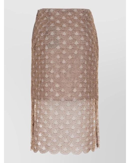 ROTATE BIRGER CHRISTENSEN Natural Sheer Overlay Skirt Embellished Design Scalloped Hem