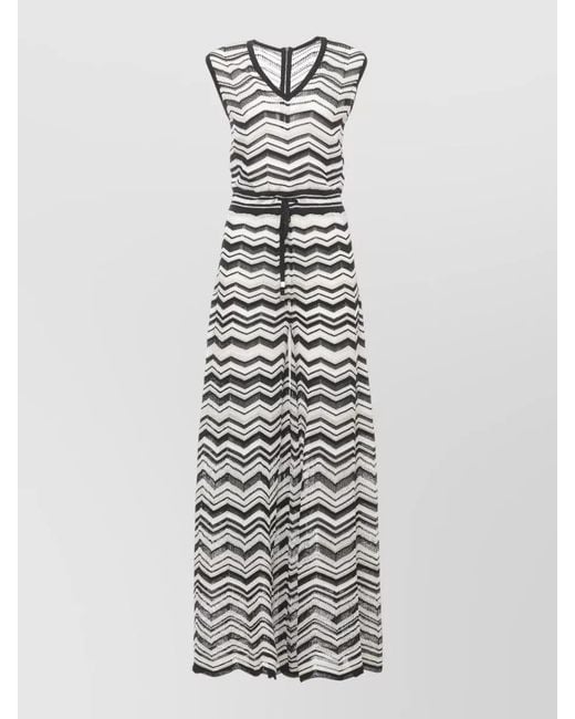 D.exterior White Chevron Knit Jumpsuit Lurex Drawstring Waist