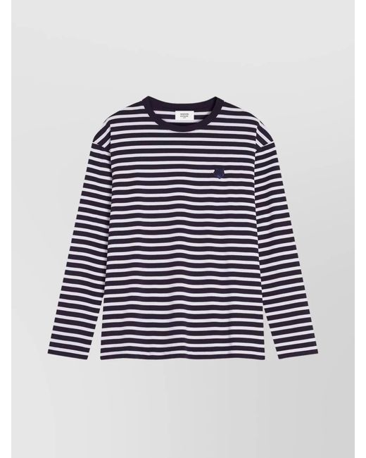 Maison Kitsuné Blue Striped Cotton Ribbed Crew-Neck Regular-Fit Sweater for men