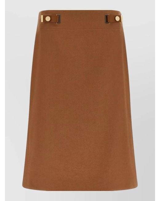 Fendi Brown Linen Skirt High Waist Belt Detail Slit