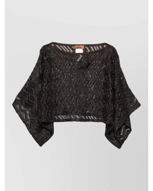 Missoni Black Cropped Top Wide Sleeves Sequin Sheer Zigzag