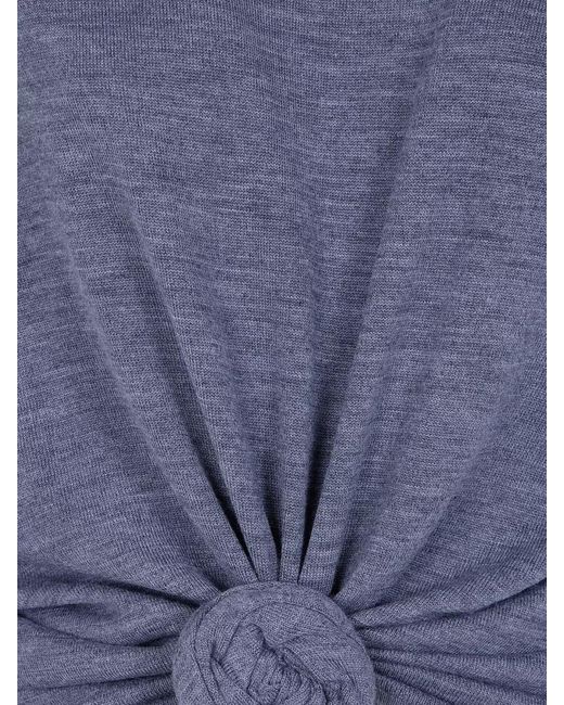 Magda Butrym Blue Knit Crop Top Long Sleeves Knotted Design